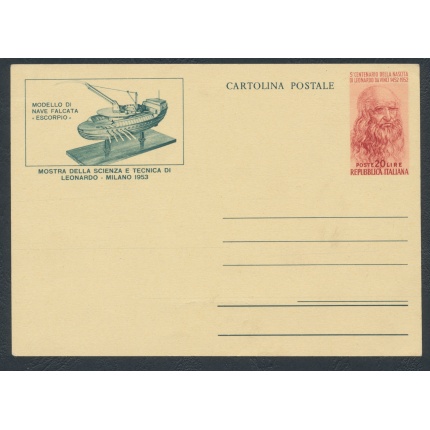 1953 Repubblica - C 152 - Cartolina Postale , L 20 rosso - Leonardo - Nuovo