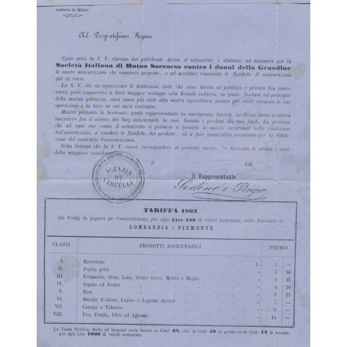 1863 - Regno d'Italia - Interessante Documento della Società italiana mutuo Soccorso danni Grandine - 2 cent bistro - usato su Busta