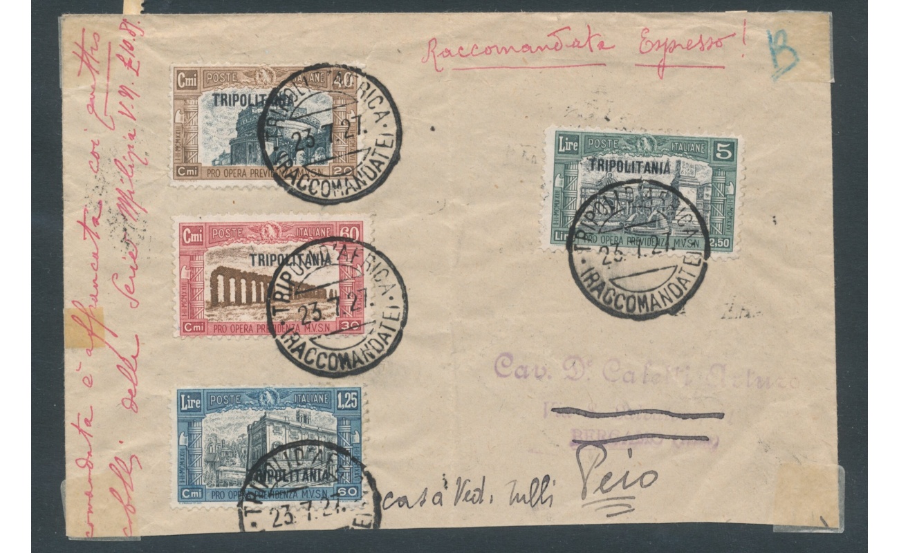 1927 TRIPOLITANIA, n° 116-119 , Milizia I su Busta Raccomandata Espresso per Bergamo, Busta - Cover