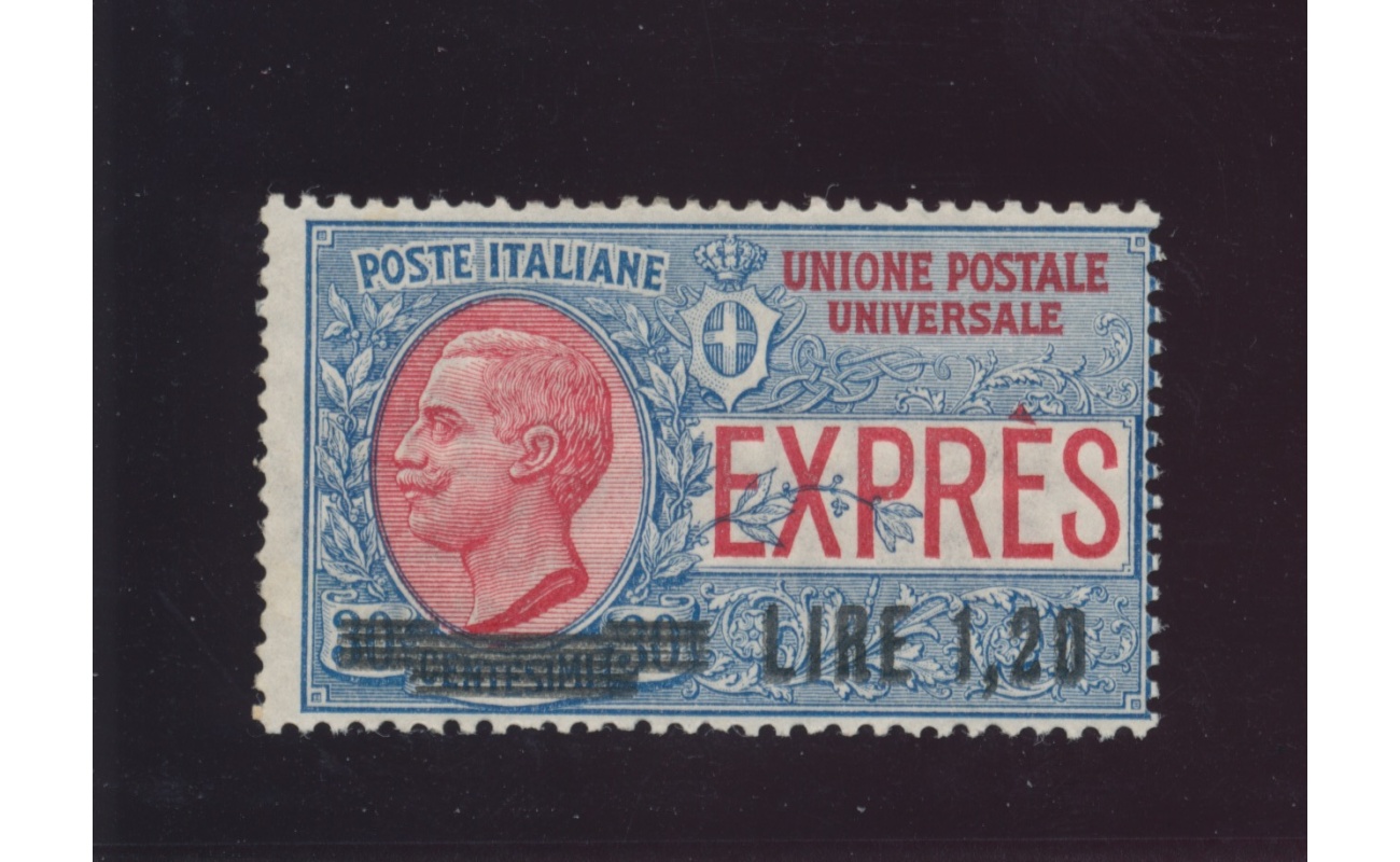 1921 Regno d'Italia , Espresso , n° 5a , Lire 1,20 su 30 cent  azzurro e rosso , Doppia Soprastampa , MNH** , Firmato Oliva