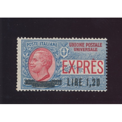 1921 Regno d'Italia , Espresso , n° 5a , Lire 1,20 su 30 cent  azzurro e rosso , Doppia Soprastampa , MNH** , Firmato Oliva