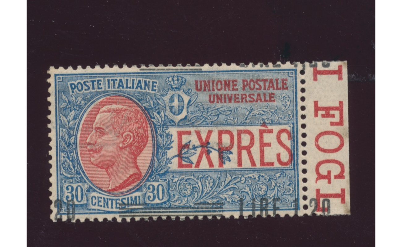1921 Regno d'Italia , Espresso , n° 5Ba , Lire 1,20 su 30 cent  azzurro e rosso , Soprastampa fortemente spostata in basso ed a destra , MNH**