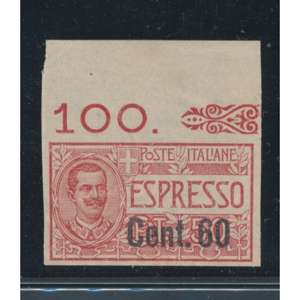 1922 Regno d'Italia , Espresso , n° 6K , 60 cent su 50 cent rosso , Non dentellato Bordo Integrale , MNH** - Firma/signed Raybaudi