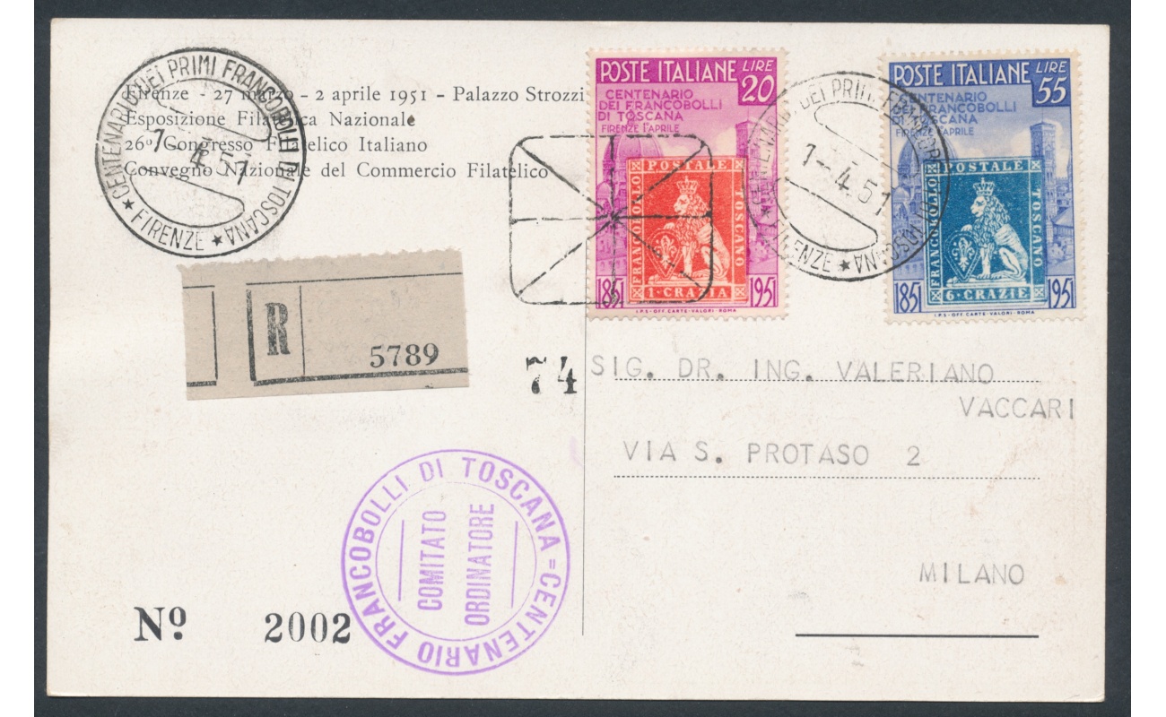 1951 REPUBBLICA - 1-04-1951 - Centenario dei Primi Francobolli di Toscana , Cartolina Commemorativa , Racccomandata !!!!