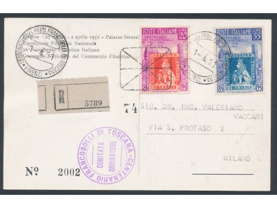 1951 REPUBBLICA - 1-04-1951 - Centenario dei Primi Francobolli di Toscana , Cartolina Commemorativa , Racccomandata !!!!