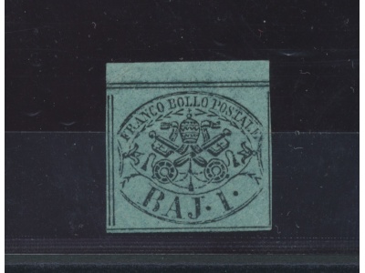 1852 Stato Pontificio, 1 bajocco verde azzurro, n° 2a , firmato Bolaffi, MNH** - Piega/Fold in alto a sx