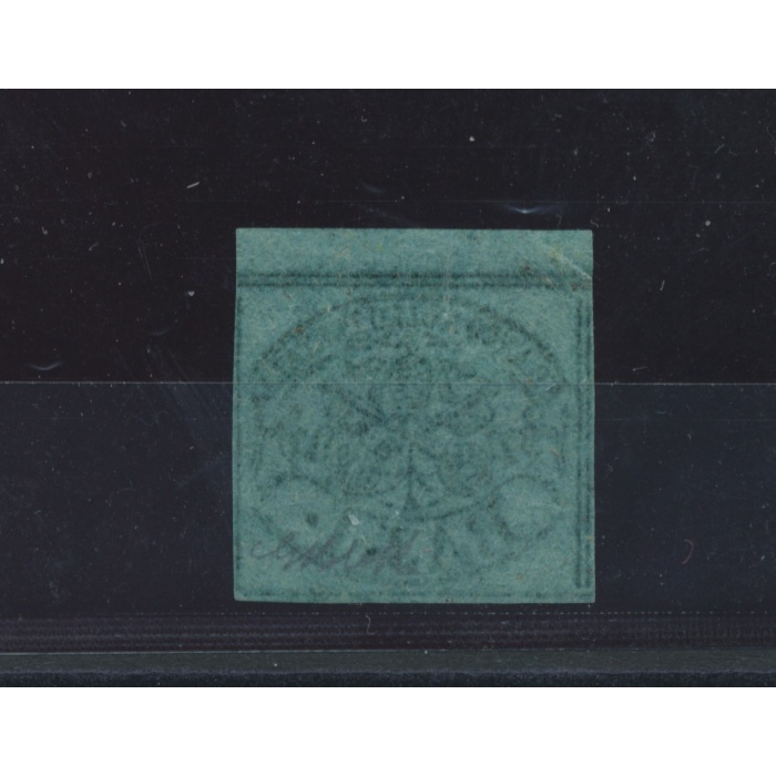 1852 Stato Pontificio, 1 bajocco verde azzurro, n° 2a , firmato Bolaffi, MNH** - Piega/Fold in alto a sx