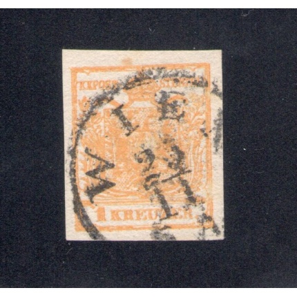 1850-54 Austria - Impero , Aquila Bicipite , n° 1a - 1 Kreuzer arancio , Firmato/Sign Ferchenbauer - Ampi Margini