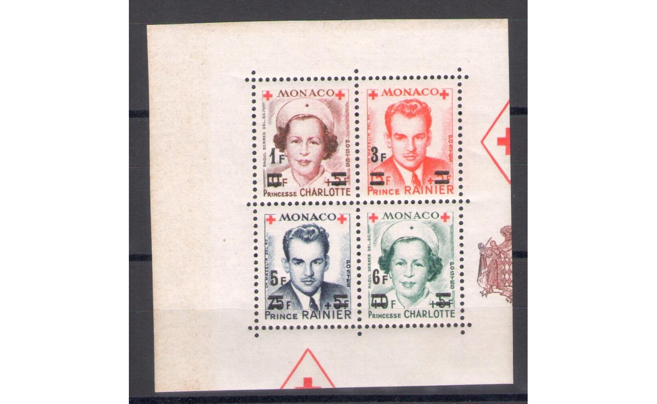 1951 MONACO - Pro Croce Rossa , Blocco di Quattro dentellati con nuovo valore, n° 379/82 , MNH**