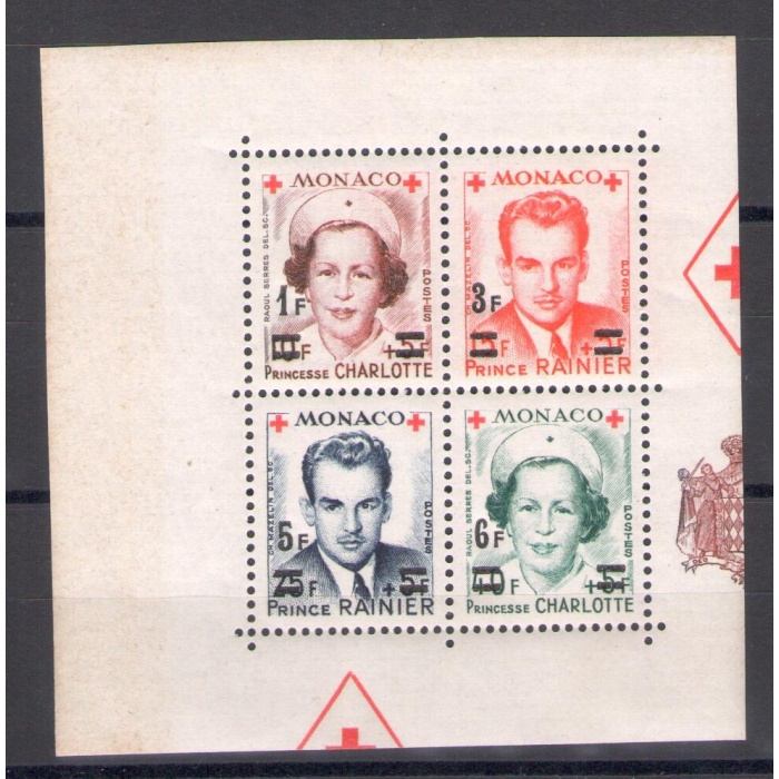 1951 MONACO - Pro Croce Rossa , Blocco di Quattro dentellati con nuovo valore, n° 379/82 , MNH**