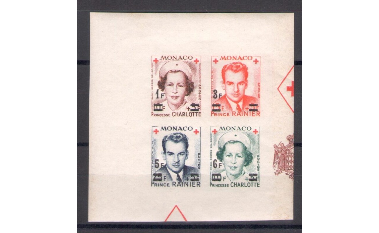 1951 MONACO - Pro Croce Rossa , Blocco di Quattro non dentellati con nuovo valore, n° 379/82 , MNH**