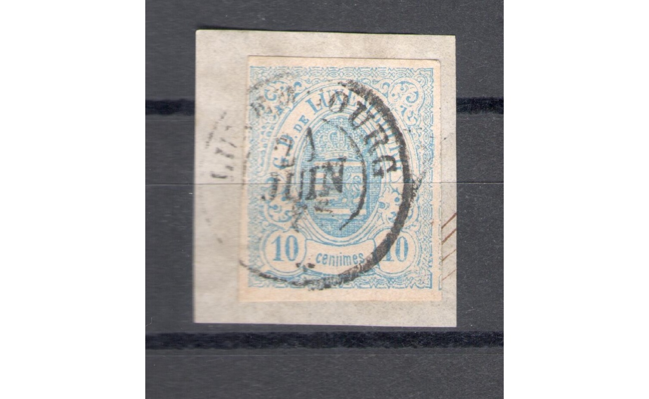 1859 - 63 LUSSEMBURGO -   n° 6 - 10 cent azzurro chiaro , USATO su piccolo frammento