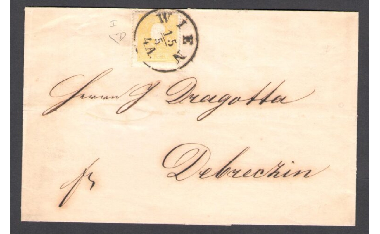 1858 Austria Impero, Effige Imperatore Francesco Giuseppe I , n° 6 - 2 Kreuzer giallo Usato I° Tipo  , isolato su Busta da Vienna per Debreczin