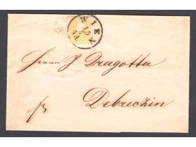 1858 Austria Impero, Effige Imperatore Francesco Giuseppe I , n° 6 - 2 Kreuzer giallo Usato I° Tipo  , isolato su Busta da Vienna per Debreczin