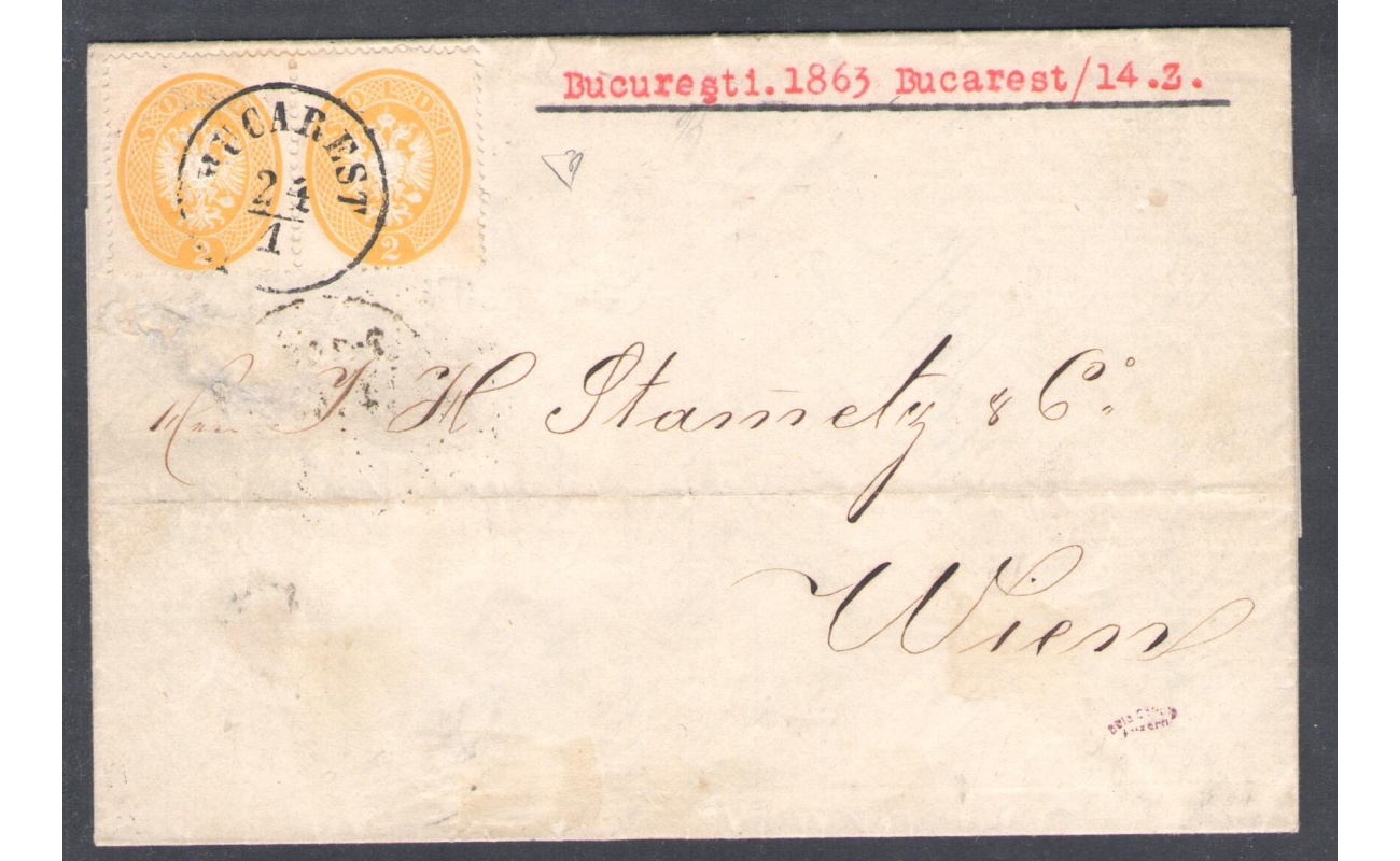 1863 LOMBARDO VENETO, n° 36 , 2 soldi giallo in coppia , Busta da Bucarest per Vienna , Certificato Goller