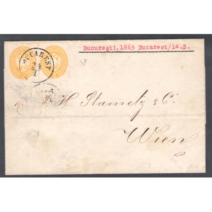 1863 LOMBARDO VENETO, n° 36 , 2 soldi giallo in coppia , Busta da Bucarest per Vienna , Certificato Goller