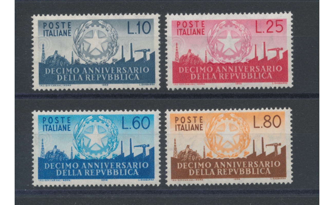 1956 Italia - Repubblica  , 10° Anniversario della Repubblica , 4 valori , n° 798/01 , MNH**