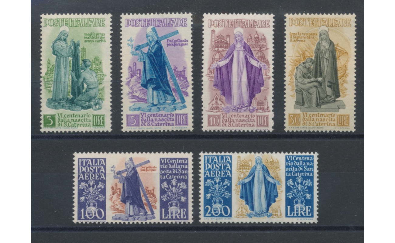 1948 Italia - Repubblica, Santa Caterina da Siena , 6 valori , n° 574/77 + Aerea 146/47 , MNH**