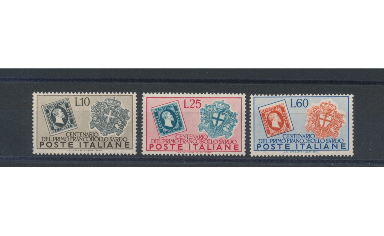1951 Italia - Repubblica  , Centenario Primi francobolli Sardi , 3 valori , n° 672/74 , MNH**