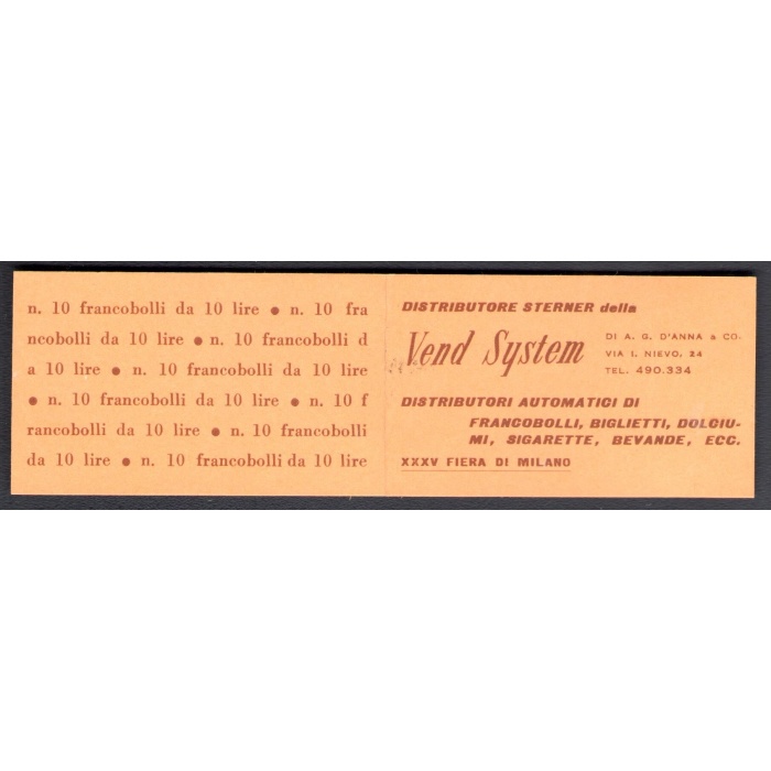 1957 Italia Repubblica, Libretto "Vend System" , Sassone n° 6 , Contenente 10 francobolli del 10 Lire filigrana stelle II , MNH** - RARO