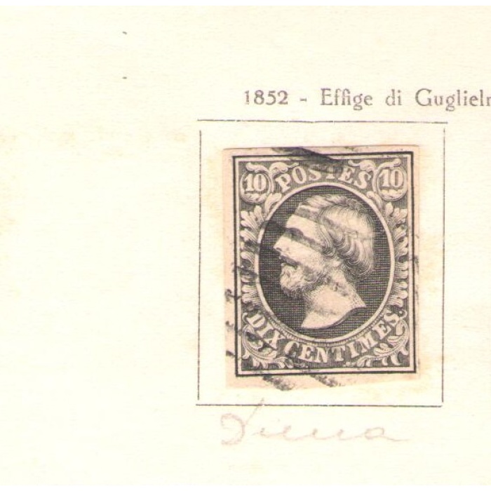 1852 LUSSEMBURGO -   n° 1 - 10 cent nero grigio ,  USATO Sigla  Alberto Diena