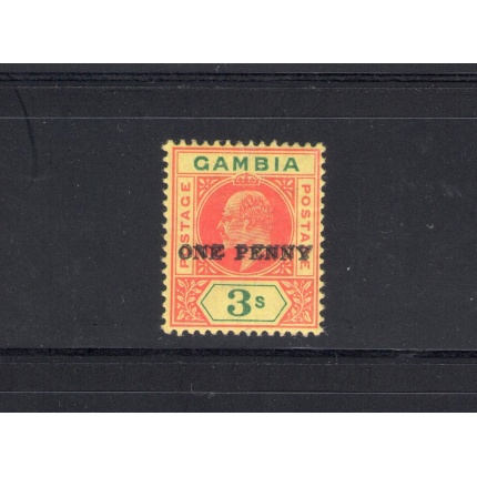 1906 GAMBIA, SG 70a - Yvert 53a , 3 Scellini Rosso Verde e Giallo , Doppia Sovrastampa , Surch Double - MLH* - Rare