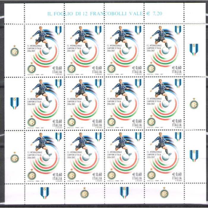 2007 Italia - Repubblica , Minifoglio Inter Campione  , Catalogo Sassone n° 19 , MNH**