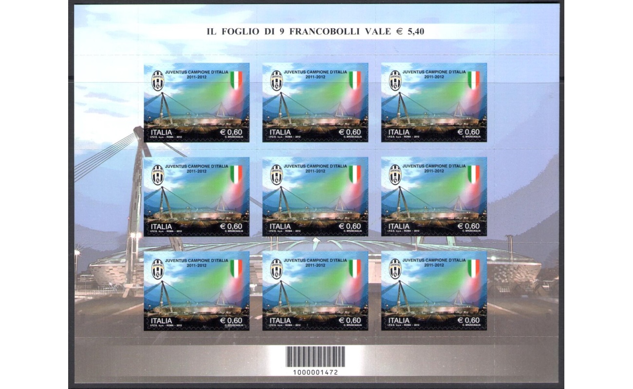 2012 Italia - Repubblica , Minifoglio Juventus Campione  , Catalogo Sassone n° 29 , MNH**
