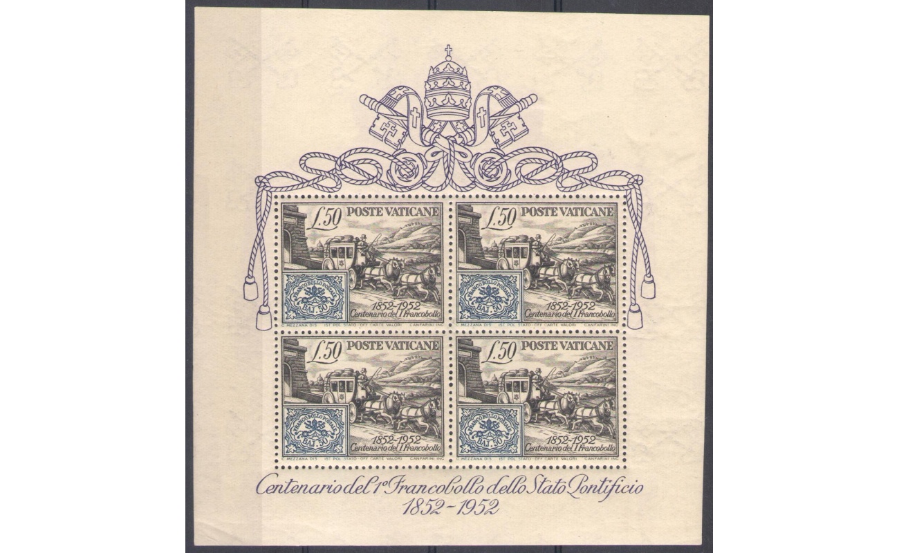 1952 Vaticano,  Foglietto "Centenario Primi Francobolli" - BF 1 - MNH**