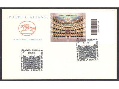 2013 Repubblica Italiana, "Teatro Fenice" - Non Dentellato - Non Fustellato  , n° 3496A  , su busta Primo Giorno "Cavallino" con Codice a Barre !!!!
