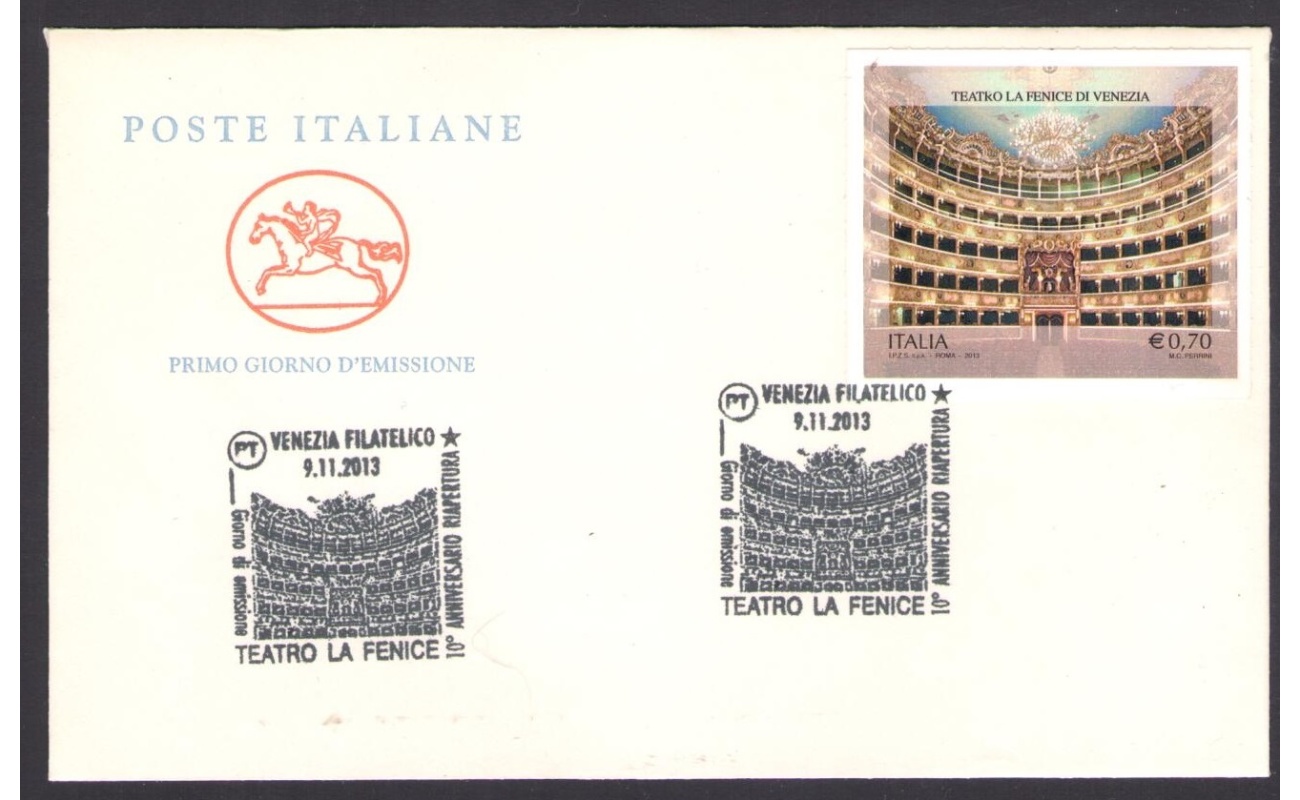 2013 Repubblica Italiana, "Teatro Fenice" - Non Dentellato - Non Fustellato  , n. 3496A  , su busta Primo Giorno "Cavallino"