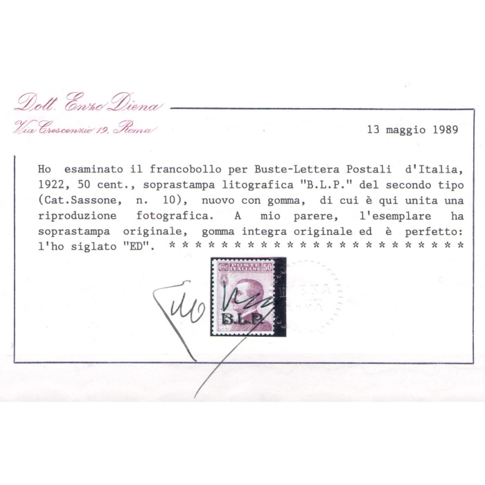 1922-23 Regno di Italia, BLP n° 10,  50 cent. violetto , soprastampa II° TIPO , Buona Centratura , MNH** - Certificato Enzo Diena