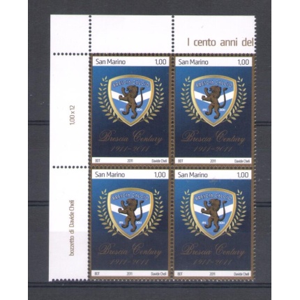 2011 San Marino,  Centenario della Fondazione della Società Brescia , n° 2329 , Quartina Angolo di Foglio Sinistro , MNH**