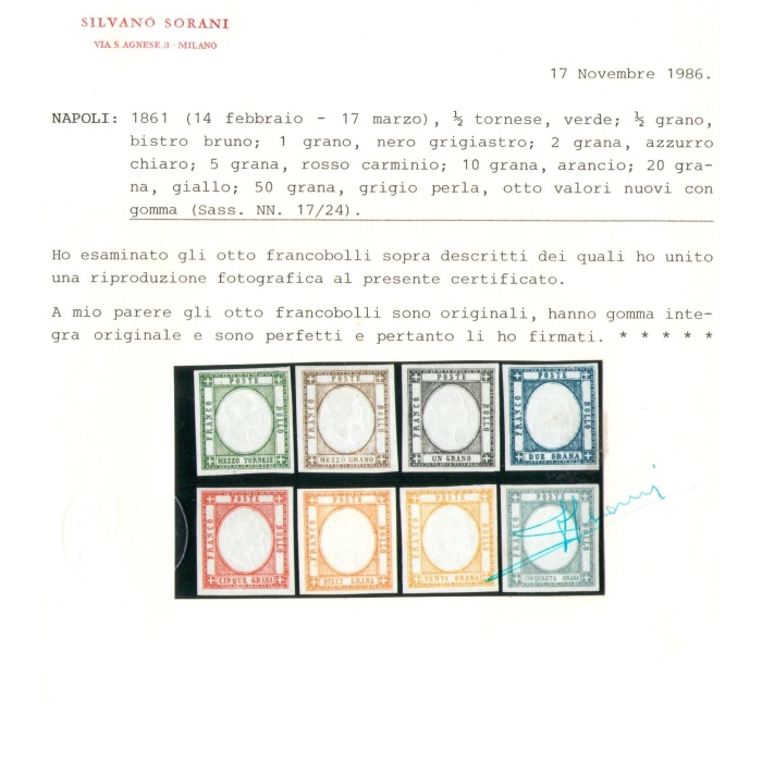 1861 PROVINCE NAPOLETANE , Effige di Vittorio Emanuele II in rilievo , n° 17/24 , Certificato Sorani , MNH**