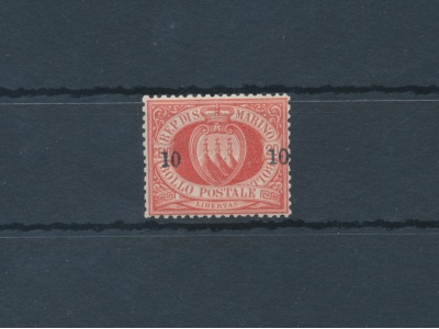 1892 SAN MARINO, n° 11 , 10 cent su 20 cent rosso - Certificato di Garanzia Filatelia De Simoni - MNH**