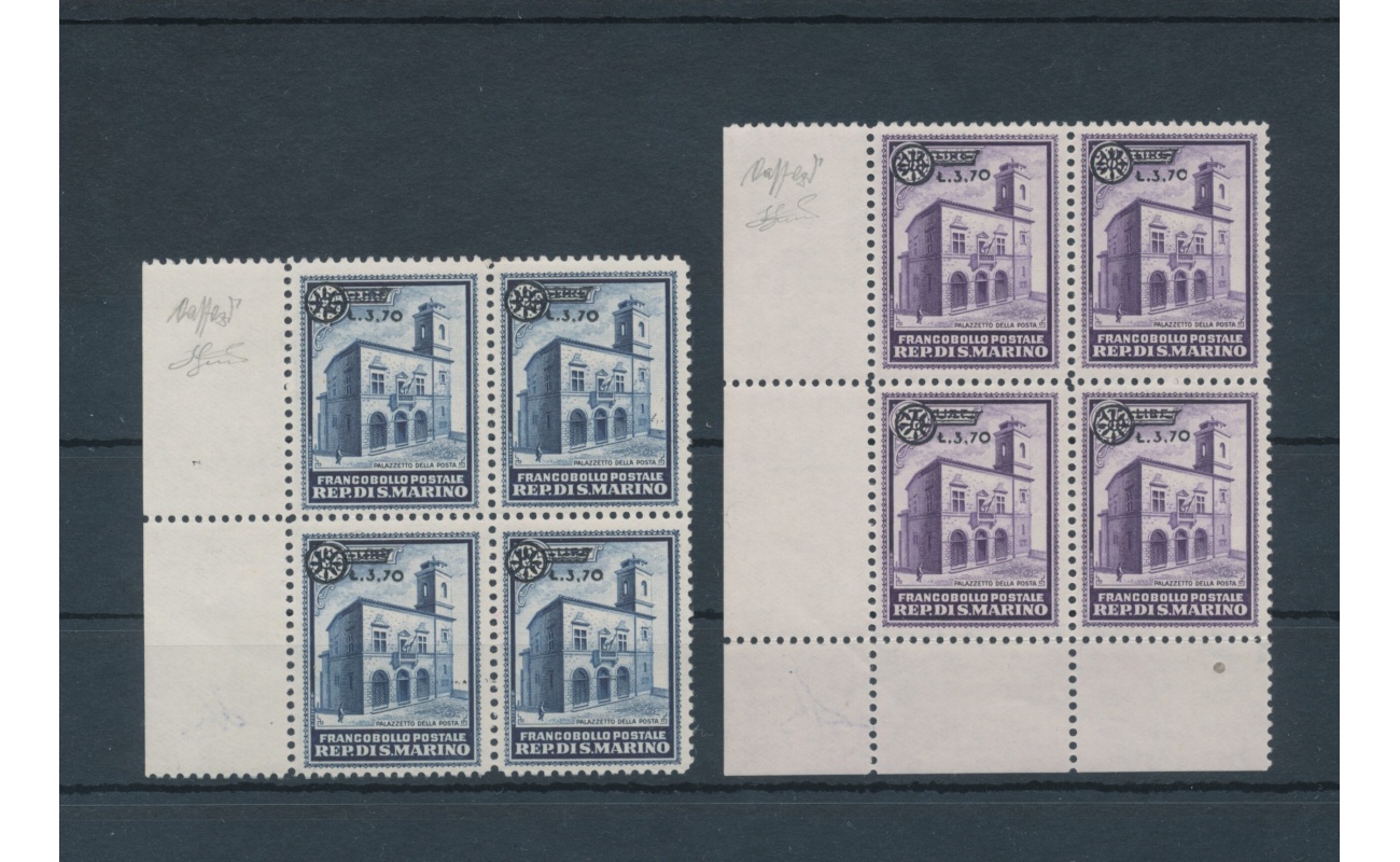 1934 San Marino, Palazzetto della Posta Soprastampati , n° 184/85 , MNH** Bordo ed Angolo di Foglio - Certificato di Garanzia Caffaz