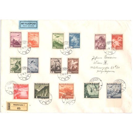 1935 AUSTRIA , Posta Aerea n° A32/A46 , Serie completa su Busta Raccomandata  , non ci sono pieghe , francobolli perfetti - USATI