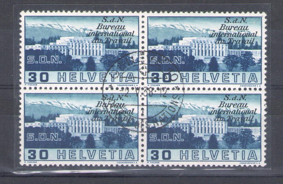 1938 SVIZZERA , Varietà , 30 cent. "Colonne Cassèe" - "Colonna Rotta" - Zumstein n° 50/A1 , Quartina Usata Primo Giorno di Emissione !!!