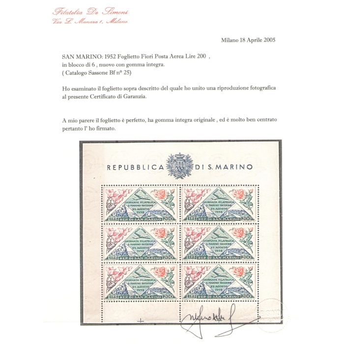 1952 SAN MARINO, Foglietto Giornata Filatelica San Marino Riccione "Fiori" , BF 14 - Senza Pieghe - MNH** Certificato Filatelia De Simoni