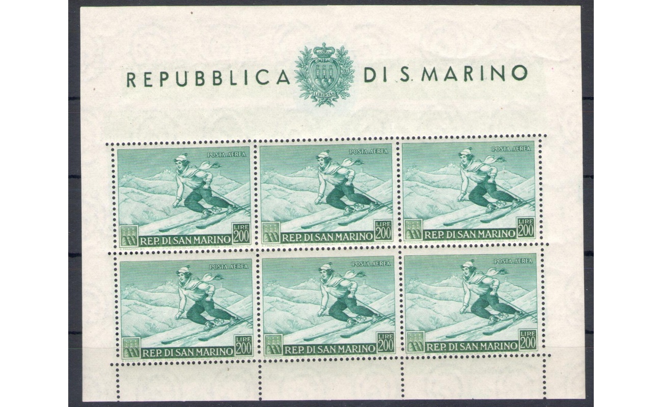 1953 SAN MARINO, Foglietto Sciatrice , BF 15 - Senza Pieghe - MNH** Certificato Giulio Bolaffi