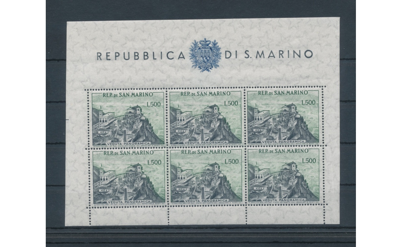 1958 SAN MARINO, Foglietto Veduta Panoramica , BF 18 - Qualche Grinza di carta - MNH** Certificato Filatelia De Simoni