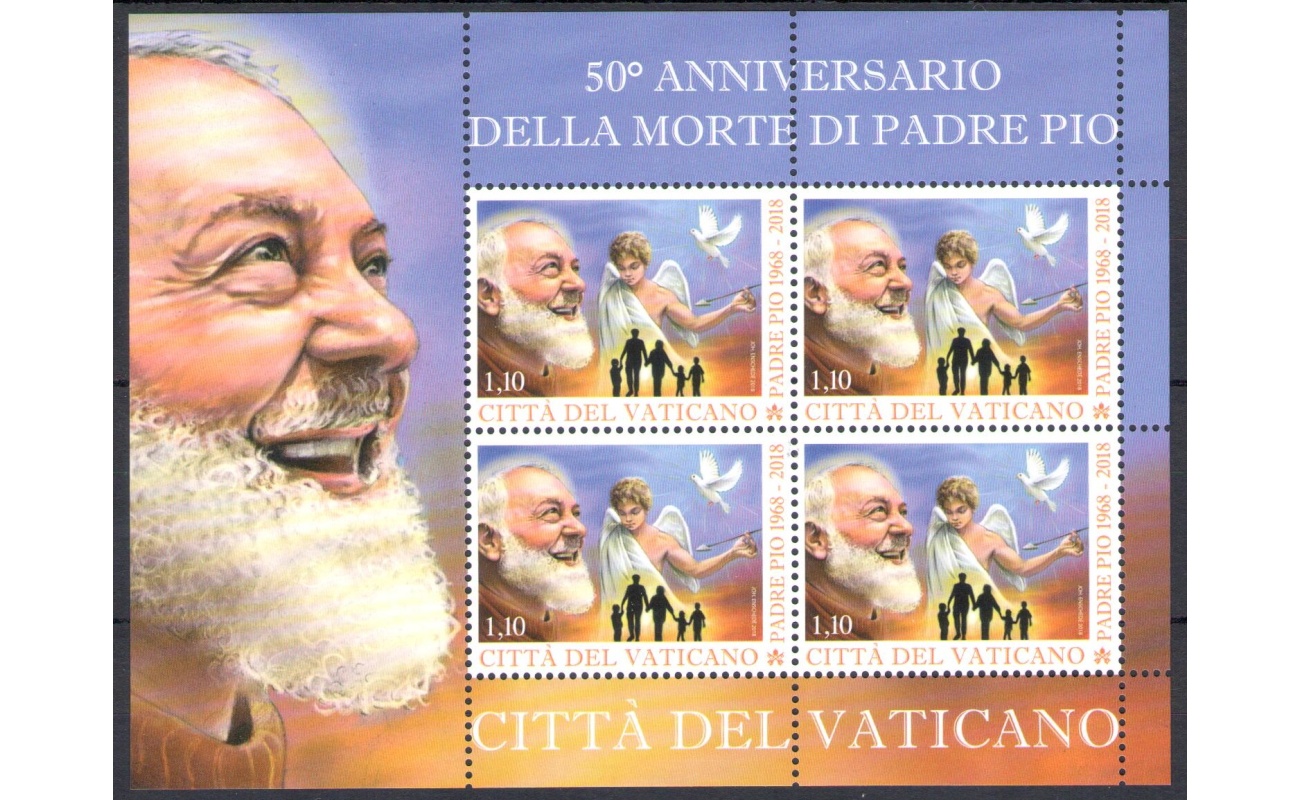 2018 Vaticano ,  Minifoglio n . 1806 , 4 valori Anniversario 50° Morte di San Pio da Pietralcina , nuovo e perfetto - MNH **