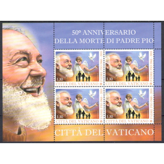 2018 Vaticano ,  Minifoglio n . 1806 , 4 valori Anniversario 50° Morte di San Pio da Pietralcina , nuovo e perfetto - MNH **
