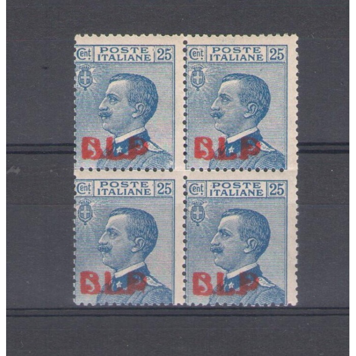 1921 Regno di Italia , BLP n° 3 , 25 cent Azzurro , soprastampa Litografica I° Tipo , Centratura Mediocre , MNH** - Certificato Raybaudi - Quartina - Block of Four