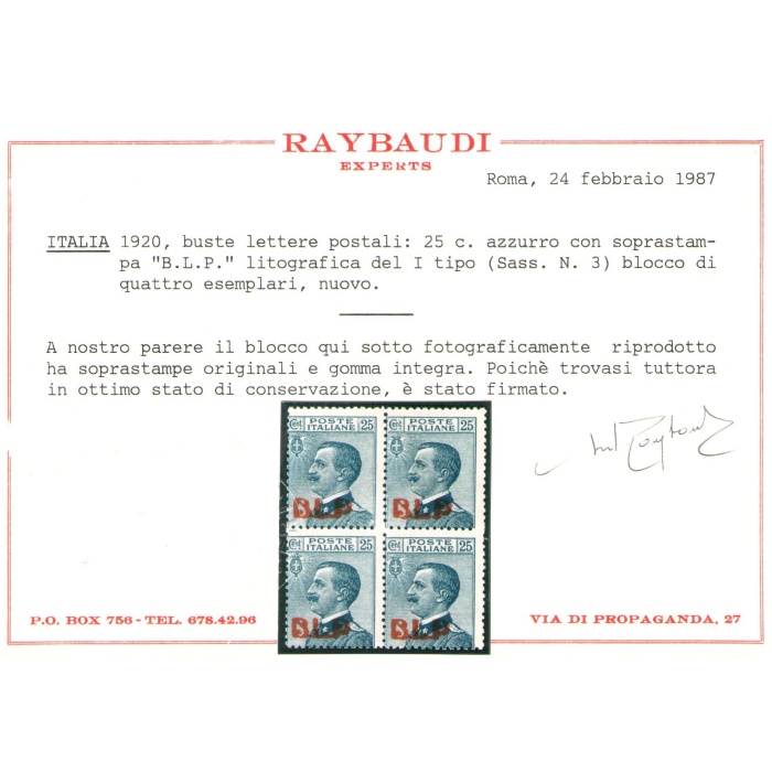 1921 Regno di Italia , BLP n° 3 , 25 cent Azzurro , soprastampa Litografica I° Tipo , Centratura Mediocre , MNH** - Certificato Raybaudi - Quartina - Block of Four