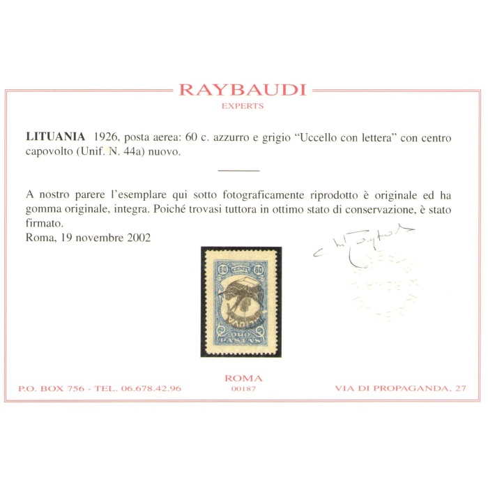 1926 Lituania - Posta Aerea - 60 cent azzurro e grigio "Uccello con lettera" con centro capovolto n° 44a , MNH** - Expertise Raybaudi