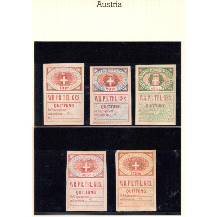 1870 AUSTRIA, Francobolli Telegrafici - Compagnia Privata di Vienna - Serie Completa non dentellata n° 17/21 - MLH* - Certificato Caffaz