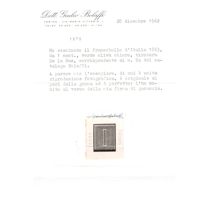 1863 Regno di Italia , 1 cent. verde grigio chiaro , n° L14 , Tiratura De La Rue , MNH** - Certificato Storico Giulio Bolaffi - Firma A. Diena