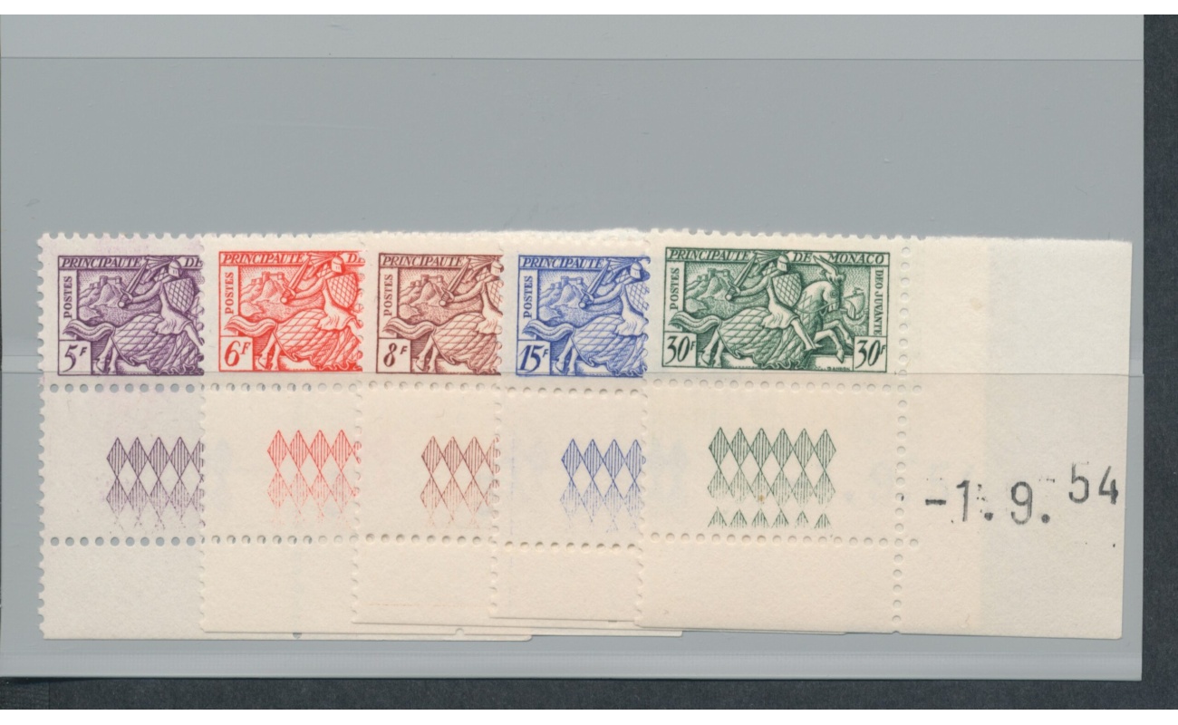 1955 MONACO, n° 415/419 , serie di 5 valori MNH** - Angolo di foglio e numero di registro
