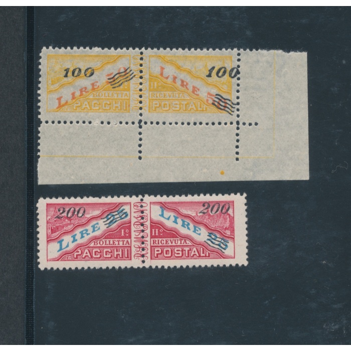 1948-50 SAN MARINO, Pacchi Postali ,  n° 33/34 , 2 valori sovrastampati , Certificato di Garanzia Filatelia De Simoni